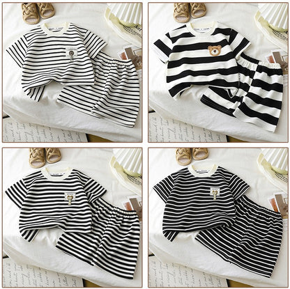 Conjunto Infantil 2PÇS Novo Verão Manga Curta +Shorts Listrado Menino Menina Criança Camiseta Roupa de Bebê Roupa Infantil