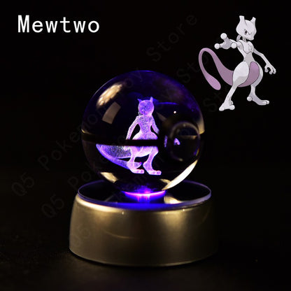 Pokemon Crystal Ball 3D Pikachu Mewtwo Mew Gengar Night Light Lamp Base Pokeball Crystal Pokemon Glass Ball Figure Presente de Aniversário