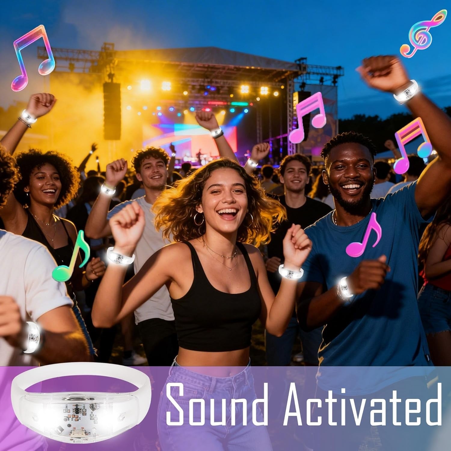 150 Pcs LED Glow Bracelets Sound Activated Light Up Bracelets For Adults Glow In The Dark Party Supplies