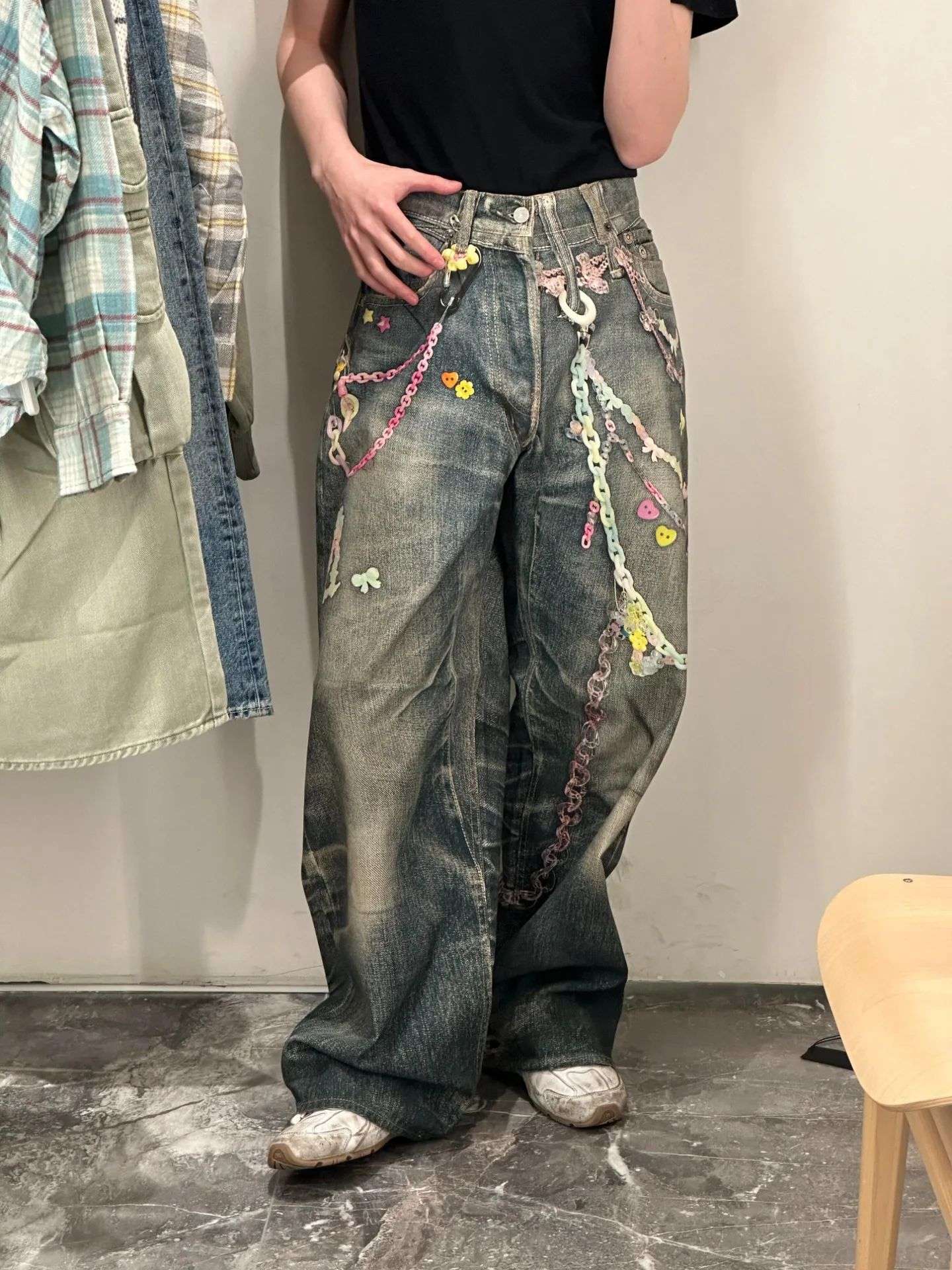 Calça Jeans Casual Unissex com Estampa Digital 3D de Corrente de Doce Estilo American High Street, com Efeito Desgastado e Perna Reta