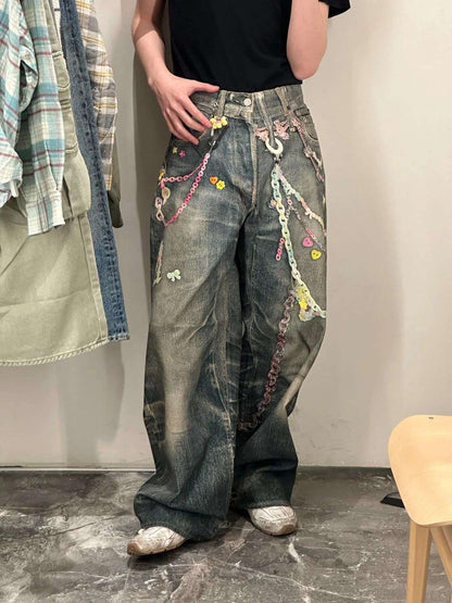 Calça Jeans Casual Unissex com Estampa Digital 3D de Corrente de Doce Estilo American High Street, com Efeito Desgastado e Perna Reta