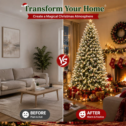 Pre-Lit Flocked Artificial Christmas Tree 6‘/9’ with Warm White LED Lights, Realistic Pine Branches, Snow Covered Xmas Tree, Slim Space Saving Design, Sturdy Metal Stand, Indoor Outdoor Holiday Decoration