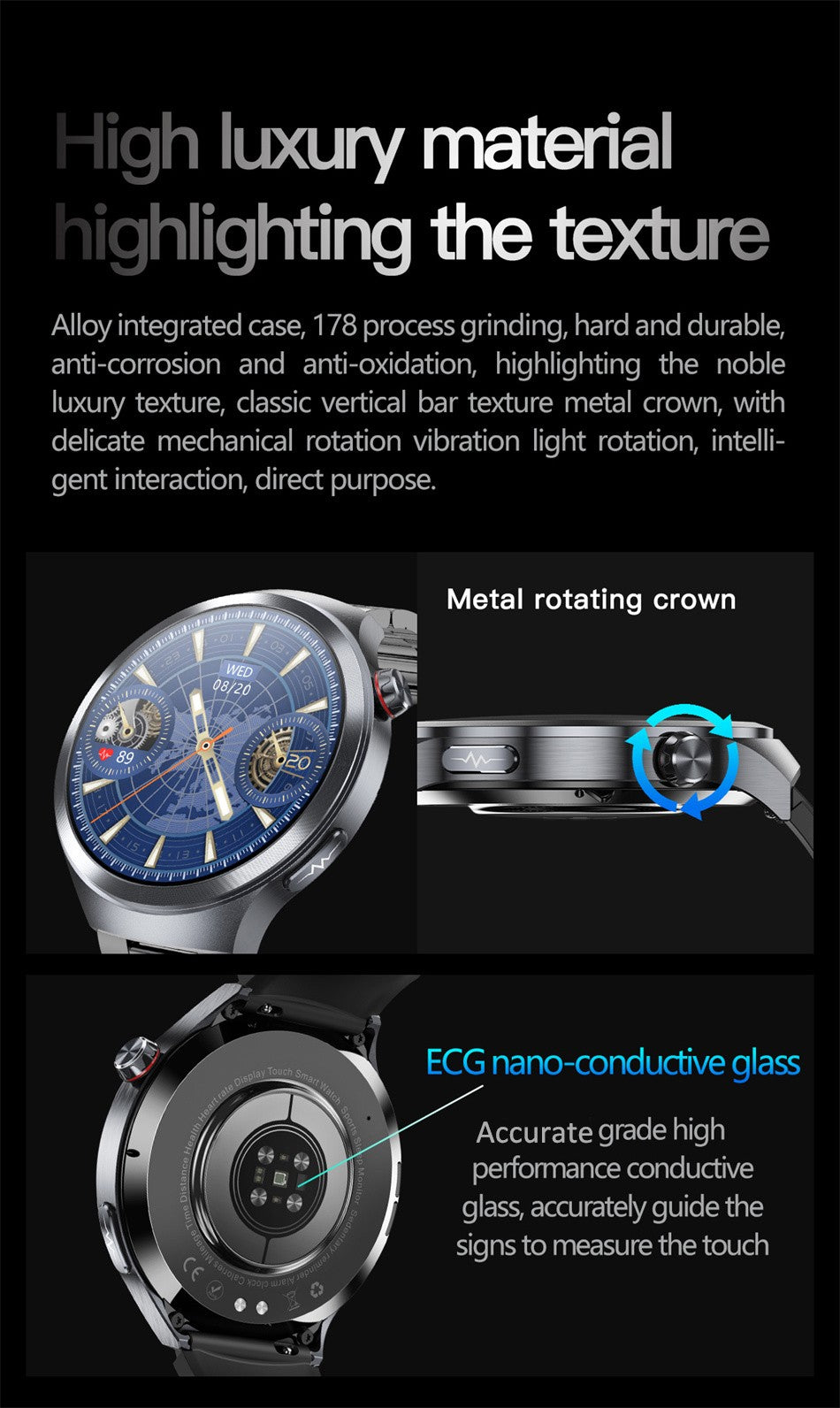 Relógio Inteligente Smartwatch Masculino 2026 Health Tracker com Safira e Medição de Ácido Úrico, Gordura Sanguínea, Pressão Arterial e ECG+PPG com Análise Corporal