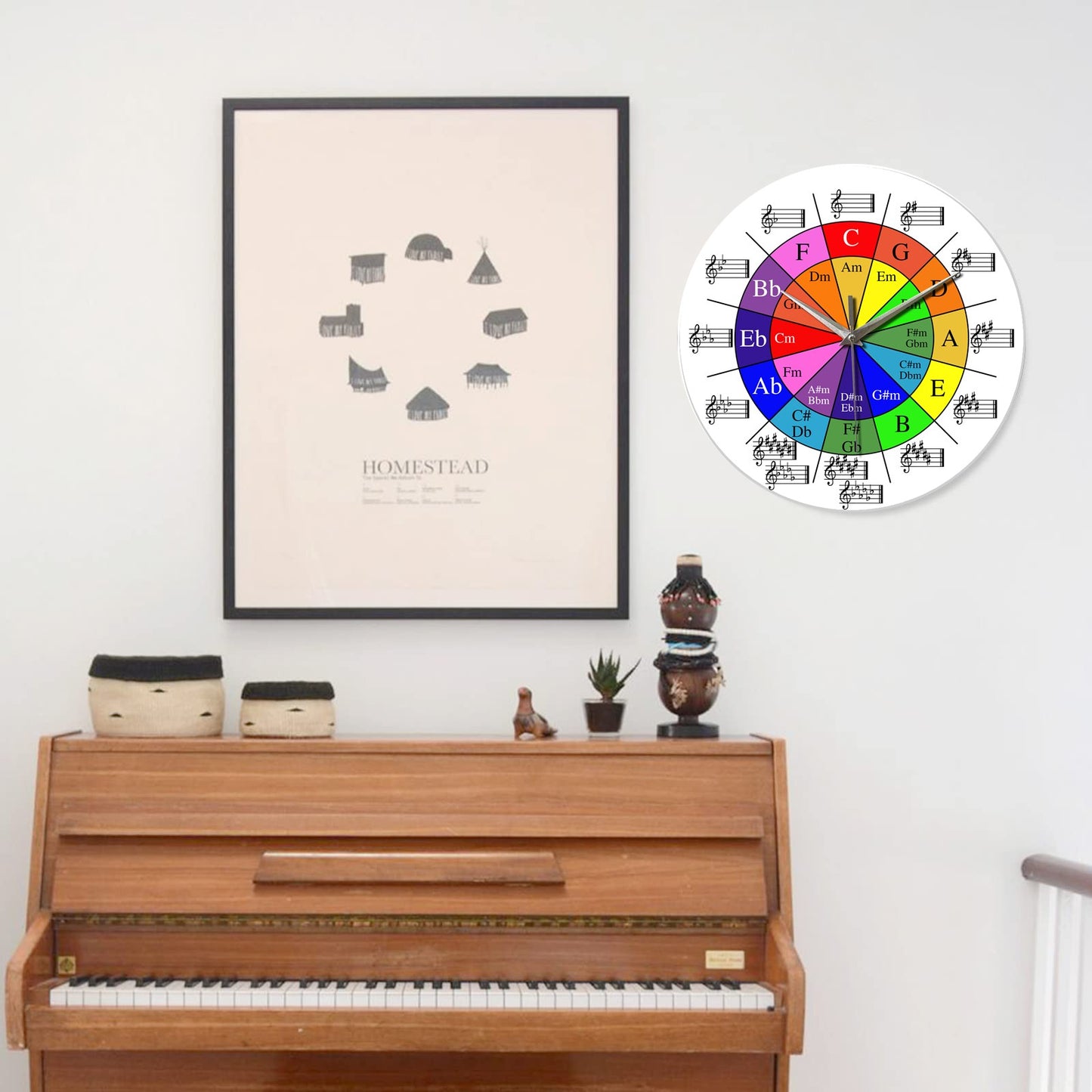 Personalized Music Five-Circle Music Theory Pattern Tempered Glass Wall Clock Living Room Bedroom Kitchen Home Decoration Wall Clock Silent Quartz Clock Holiday Gift 12 Inches 14 Inches 16inch (Without Batteries)