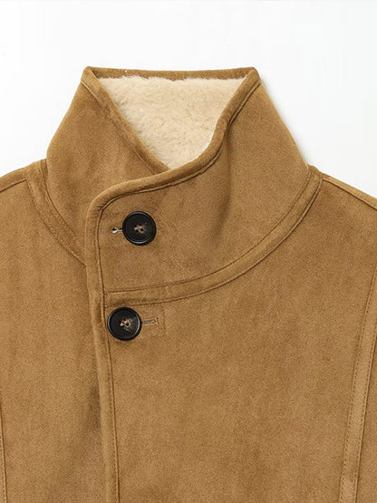 Suede Plush Both Sides Women's Coat Jacket Single Breasted Stand-Up Collar Pockets Female Jackets Autumn Loose Solid Coat Ladies