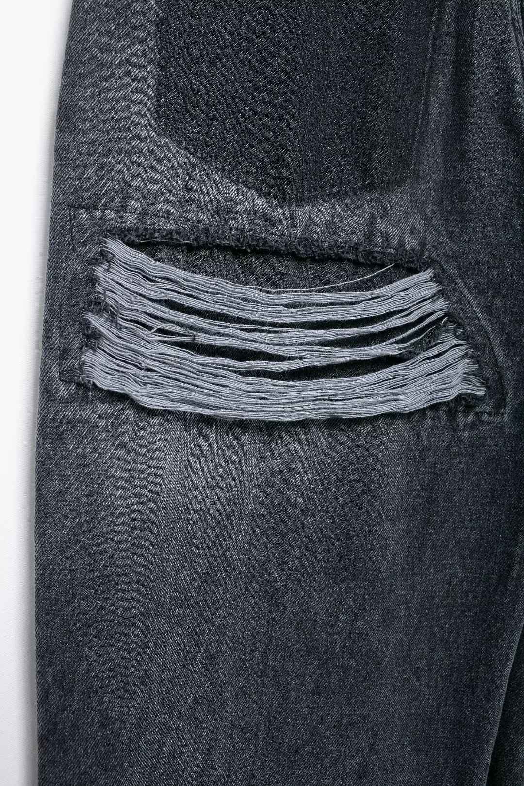 HH 2024 Women's Street Fashion Denim Blue Jeans Distressed Patchwork High Waist Zipper Fly Ripped Retro Long Pants