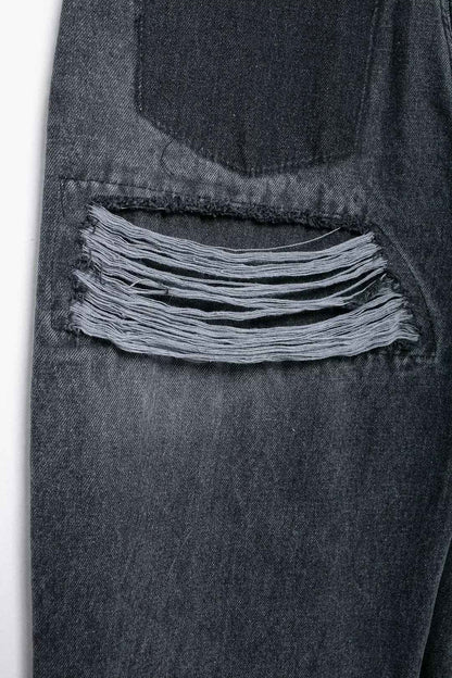 HH 2024 Women's Street Fashion Denim Blue Jeans Distressed Patchwork High Waist Zipper Fly Ripped Retro Long Pants