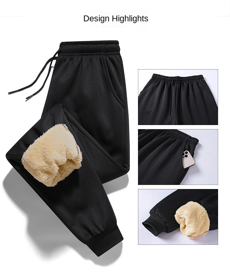 Calças masculinas para outono e inverno, forradas com lã para uso externo, calças casuais, calças de moletom esportivas quentes de lã de carneiro