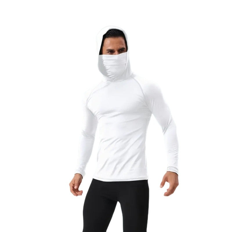 Men Compression t Shirt Soild Casual t-Shirt Long Sleeve Fitness Tops Running Gym t-Shirts Hooded Shirts With Mask Male Clothes
