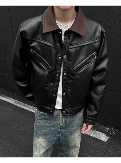 Mens Leather Jacket Biker Jacket PU Leather 2025 New Windproof Stand Collar Single Breasted Short Coat Slim Fit Mens Jacket