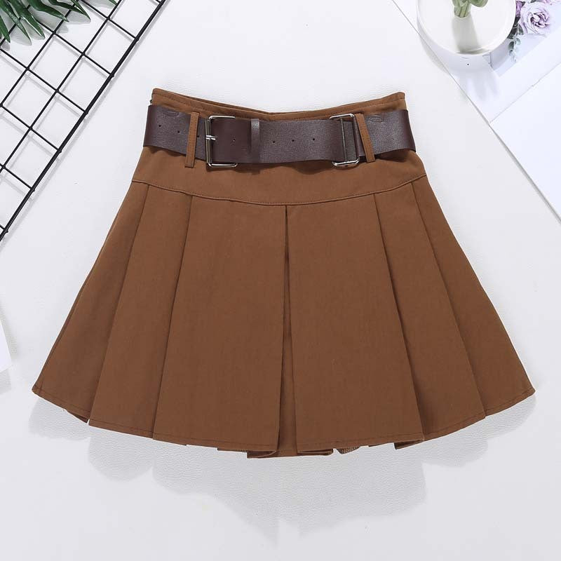 Brown Belted Mini Skirt Low Waisted Pleated Skirt with Belt Women Academia Aesthetic Vintage Outfit