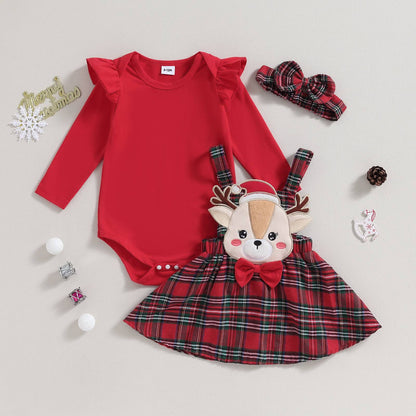 ma&baby 0-18M Christmas Newborn Infant Baby Girl Clothes Sets Knit Red Romper Deer Plaid Skirts Headban Xmas Outfits Costume D05