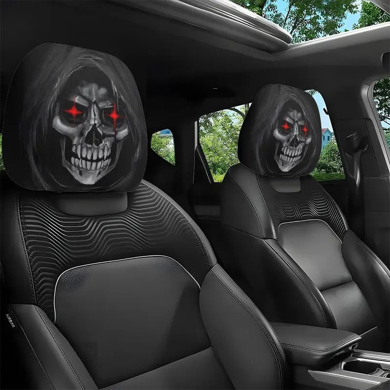 2Pcs Death Skull Flame Red Eye Print Car Headrest Cover Elastic Neck Support Auto Headrest Protector Easy Install Universal Car