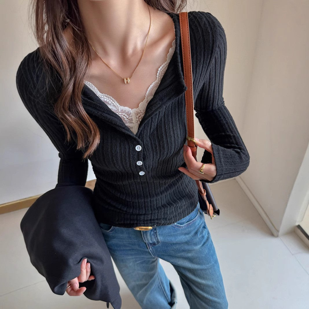 Lace Slim-fitting Bottoming Shirt Fake Two Piece Long Sleeve T-Shirt Women Chic Button Pit Striped Tops Autumn Winter Base Tees
