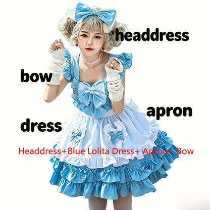 Japanese Cafe Blue Alice Maid Outfit, Cute Cosplay Puffy Dress, Sweet Princess Costume For Role Play Party Daily Casual Wear