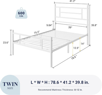 Estrutura de Cama de Plataforma de Metal Tamanho Twin de 14 Polegadas com Cabeceira e Peseira, Armazenamento Embaixo da Cama, Forte Suporte de Ripas de Metal, M