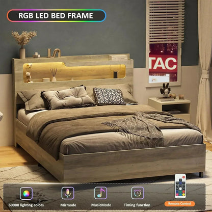 [Oferta por Tempo Limitado + Frete Grátis!] Cama Queen Size com Baú e Estação de Carregamento, Cabeceira de 2 Níveis