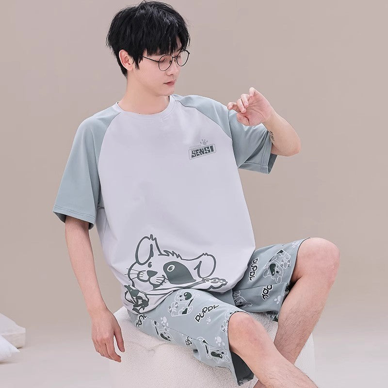 Cotton Summer Thin Men's Pajamas Set Plus Size Short Sleep Tops Pant Sleepwear Suit Male Home Suit Homewear Casual Pyjamas