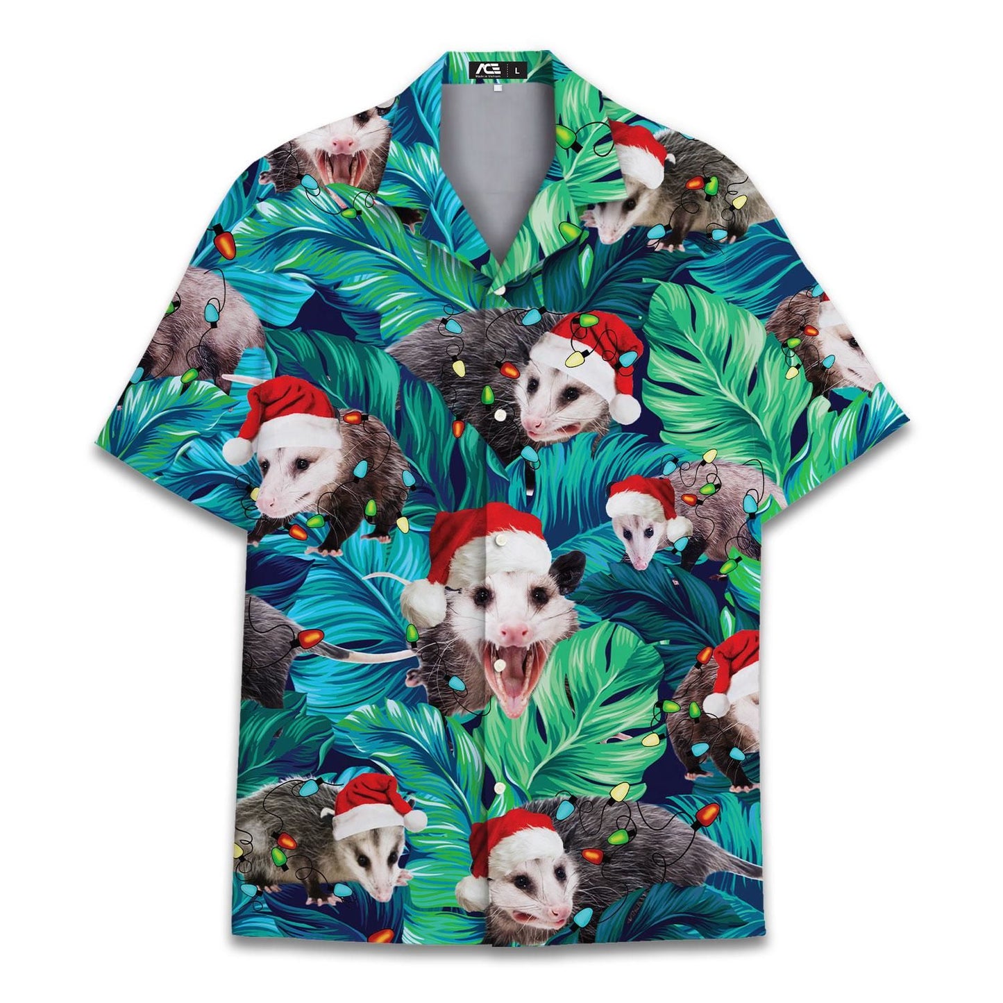 Christmas Hat Animal Graphic Blouse Santa Hawaiian Shirt Men Women Youth, Funny Raccoon Cat Shirts Holiday Aloha Xmas Outfit