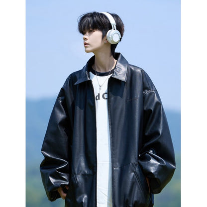 Trend Men's Faux Leather Jacket Autumn Winter Fashionable Solid Color Standing collar PU Leather Biker Jacket Handsome Men Coat