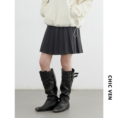 CHIC VEN Women Pleated Skirt High Waist Casual Preppy Style A-line Thick Mini Skirt for Girl Autumn Winter 2025 Ladies Clothing