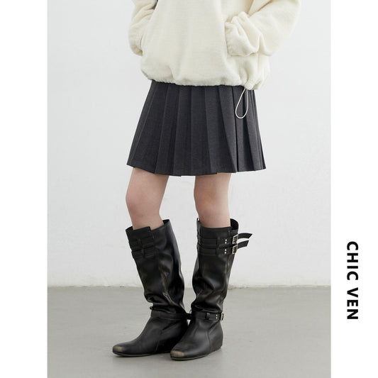 CHIC VEN Women Pleated Skirt High Waist Casual Preppy Style A-line Thick Mini Skirt for Girl Autumn Winter 2025 Ladies Clothing