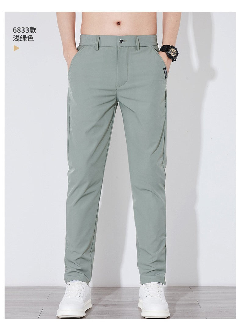 Summer Silk Stretch Smooth Trousers Men Business Elastic Waist Korean Classic Thin Cool Black Gray Casual Suit Pants Male Brand