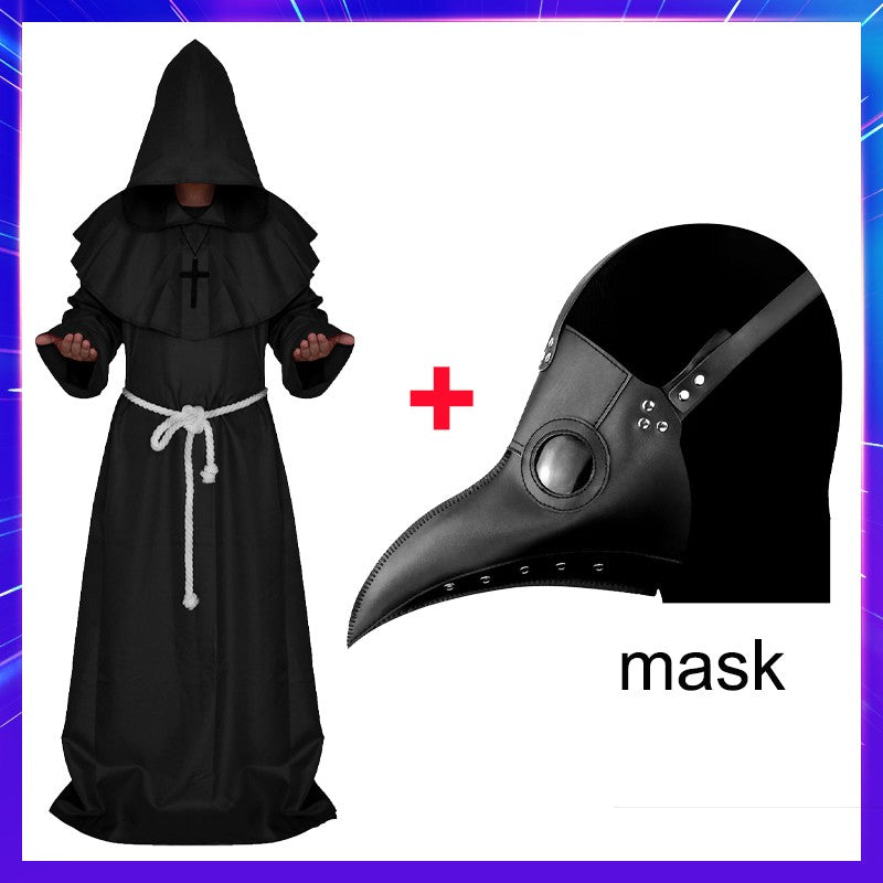Halloween Wizard Cosplay Medieval Monk Hooded Robe Costume Mask Hat For Men Steampunk Priest Horror Masquerade Unisex Cloak Cape