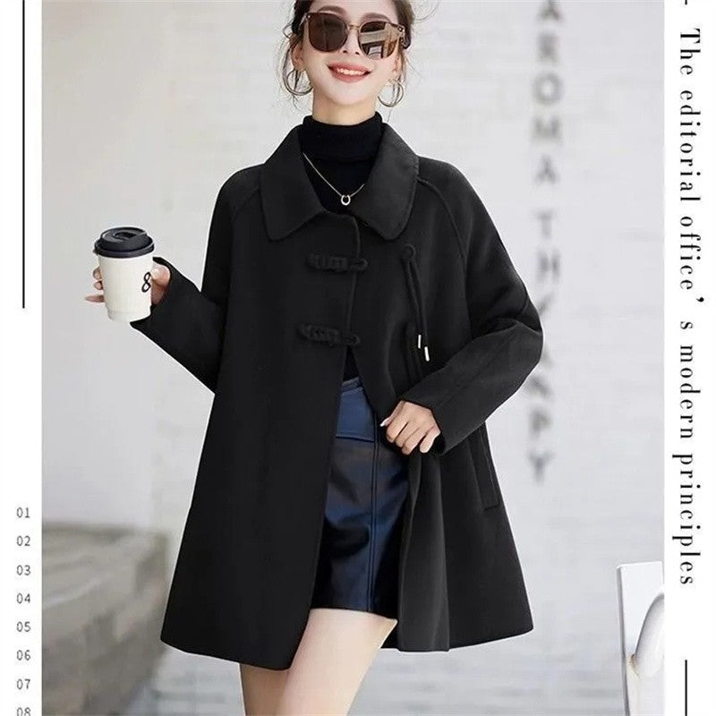 High Quality Woolen Coat Women 2025 Autumn Winter New Cloak Long Wool Jacket Chinese Retro Buckle Ladies Overwear Korean Outcoat