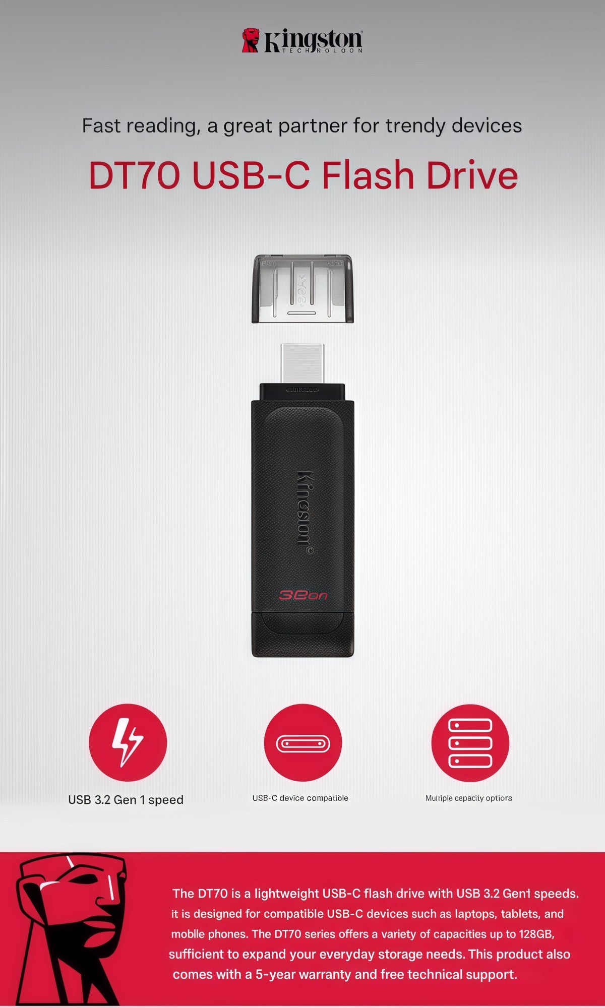 Unidade flash USB 3.2 Gen1 Tipo C de alta capacidade Kingston, preta, compatível com Android, Apple, carro, celulares e PC