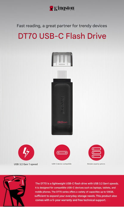 Unidade flash USB 3.2 Gen1 Tipo C de alta capacidade Kingston, preta, compatível com Android, Apple, carro, celulares e PC