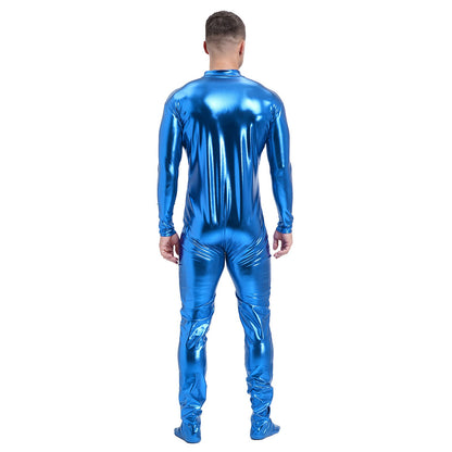 Men's Shiny Metallic Zentai Dress-up Jumpsuit Cosplay Costume Performance Stage Disco Clubwear Full Body Unitard Tights Leotard