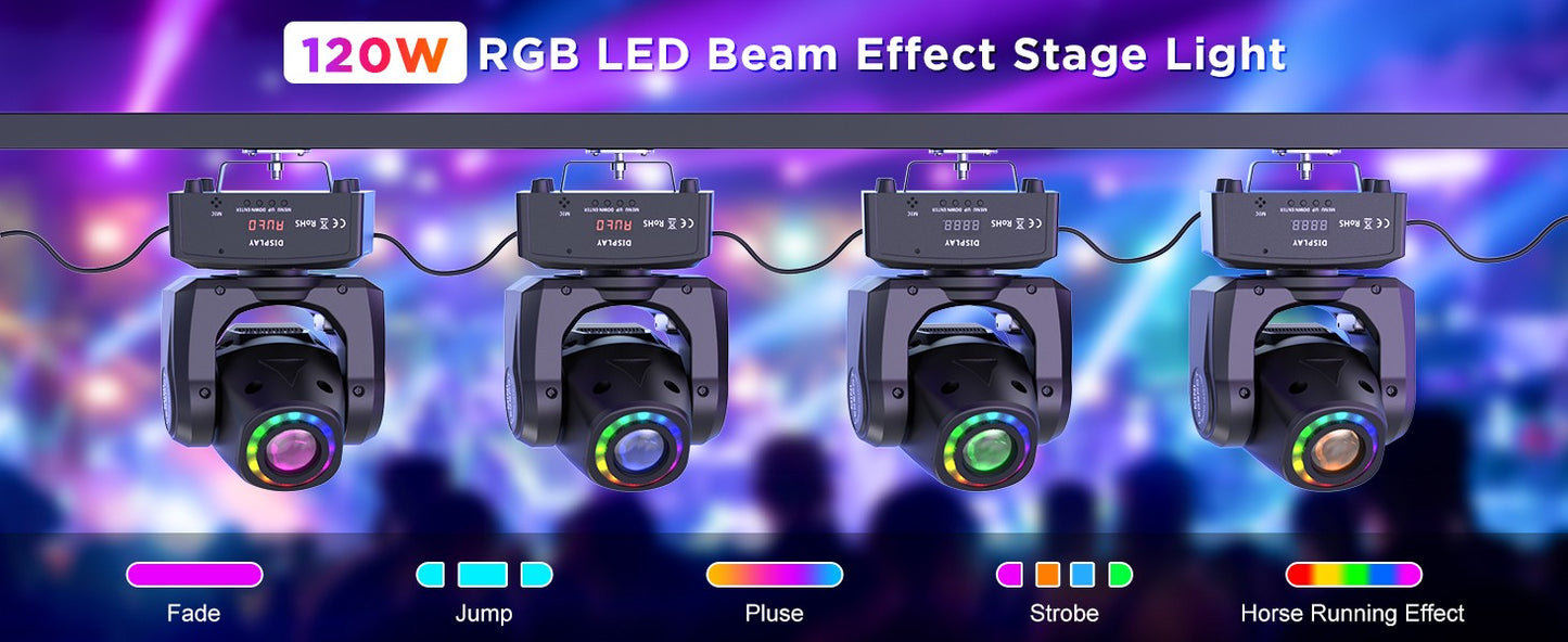 Datewink 120W LED Beam Moving Head Light 8 Patterns RGB Stage Lighting Effect DMX512 For DJ Disco Show Concert Party KTV Karaoke