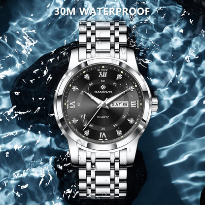 LIGE Brand BANGWEI Quartz Man Watch Fashion Stainless Steel Band Business Luxury Diamond Waterproof Calendar Watches for Men+Box