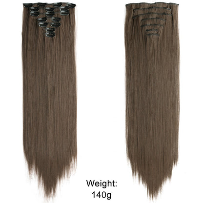 7 peças/conjunto de aplique de cabelo com 16 grampos, preto, longo e liso, cabelo natural, aplique de cabelo ombre, fibra resistente ao calor para penteado feminino