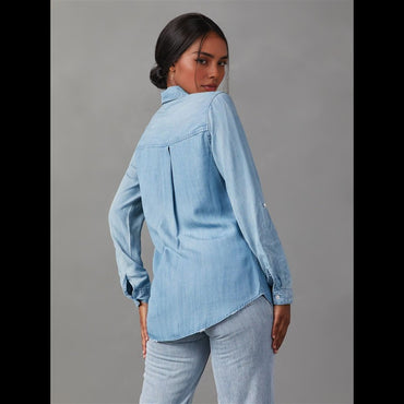 CGS-Women Double Pockets Spliced Decoration Denim Shirt Jacket Single-Breasted Lapel Casual Female Tops