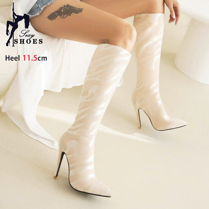Ladies High Heel Boots Fashion Pointed French Stiletto Heels Office Long Boots Large Size Knee-High Women Shoes Winter Footwear