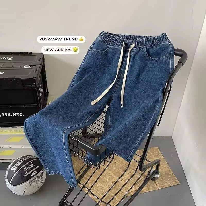 Calça Jeans Masculina Novo Estilo com Cordão Elástico na Cintura Perna Larga Solta Calça Reta de Rua Tendência Ins Calça Casual