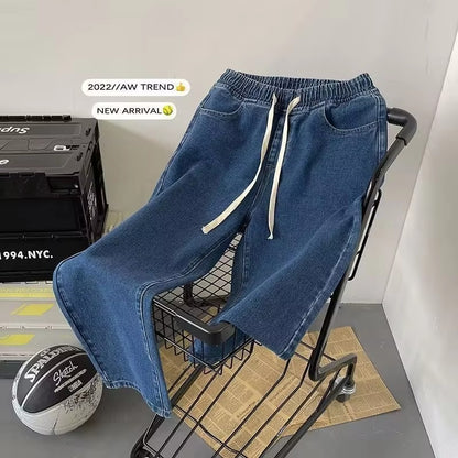 Calça Jeans Masculina Novo Estilo com Cordão Elástico na Cintura Perna Larga Solta Calça Reta de Rua Tendência Ins Calça Casual