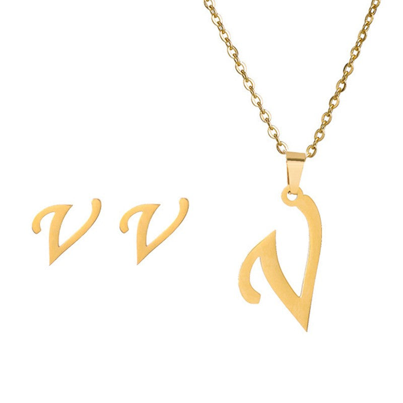 Conjunto Feminino de Colar e Brincos de Aço Inoxidável com Letra Inicial do Alfabeto A-Z - Joias Personalizadas de 26 Letras Inglesas - Presente