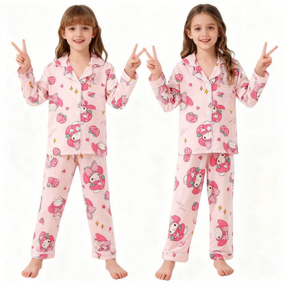Children's Full Sleeve Button Down 2piece Kuromi Girls Pajamas Sets Boys Cinnamorolls Pyjamas Suits Kids Loungewear Homewear