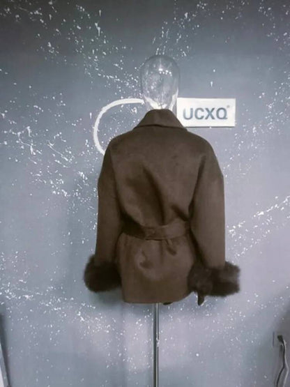 UCXQ Casaco Feminino Elegante OL para Escritório com Retalhos de Pelo Manga Comprida Lã Jaqueta de Roupa Feminina Bonita Outono Inverno 2025