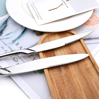 Conjunto de 4 Facas de Jantar Espelhadas, Talheres de Aço Inoxidável, Talheres Dourados e Prateados, Louça Ocidental, Facas de Bife para Restaurante