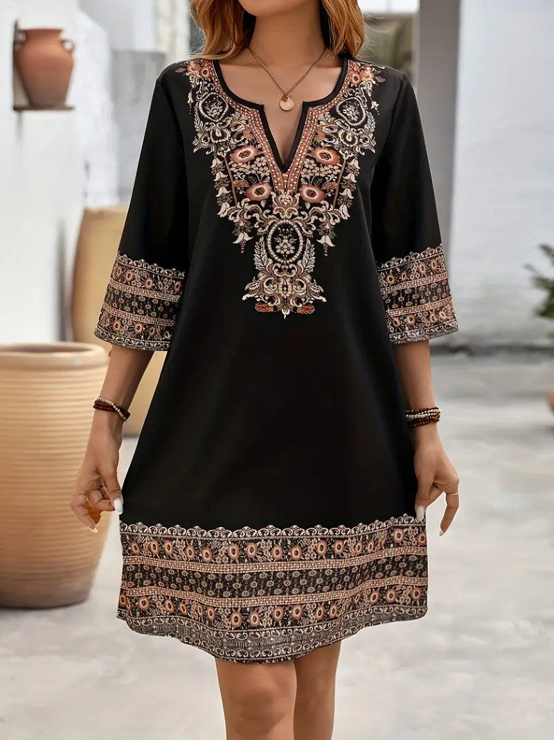 Women's Clothes Casual print Short Sleeve V-Neck Waist Cinched Dress summer vintage New Female Fashion Loose Mini Dresses 2025