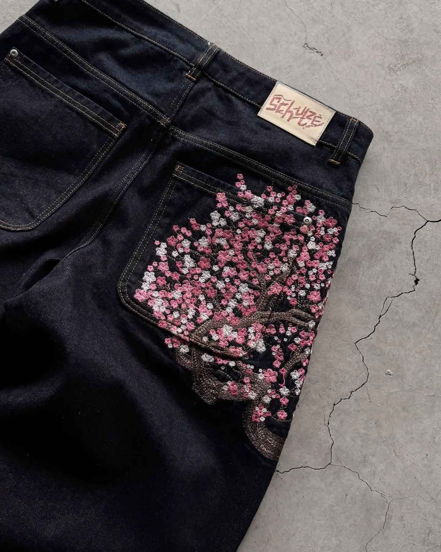 Y2K Baggy jeans Cherry Blossom Selvedge Embroidery Denim Pants men women denim fabric American Hiphop Streetwear Wide Leg Jeans