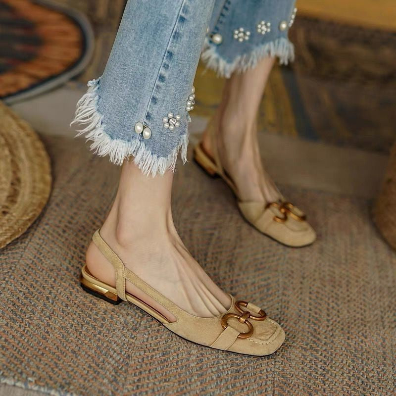 2024 Summer autumn New Retro Low-heeled Baotou Sandals Women's Slingback Suede Office Ladies Shoes Sandal Slip on Woman Flats