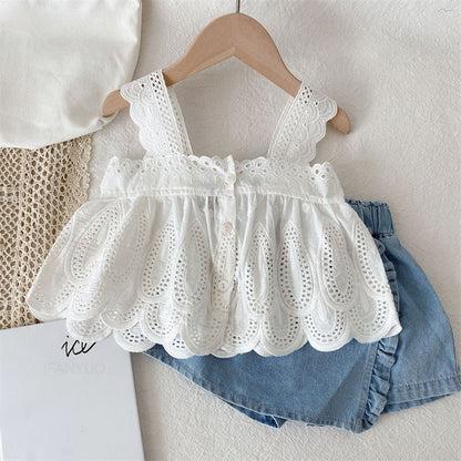 Girls Children Outfit Sets Summer Kids Clothes Lace Edge Pure White Baby Girl Casual White Hollow Vest Top Suspender+Denim Skirt