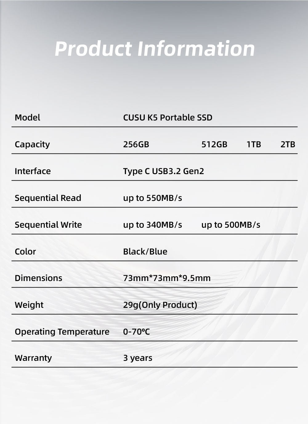 CUSU 1TB External SSD Drive 512GB Portable SSD 256GB 2TB Solid State Drive Type-C for Phone Laptop