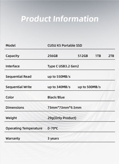 CUSU 1TB External SSD Drive 512GB Portable SSD 256GB 2TB Solid State Drive Type-C for Phone Laptop