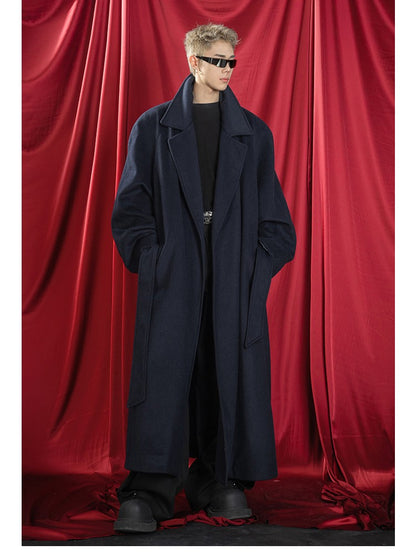Mauroicardi Autumn Winter Oversized Extra Long Warm Navy Blue Wool Blends Coat Men Loose Luxury Designer Woolen Overcoat 2024
